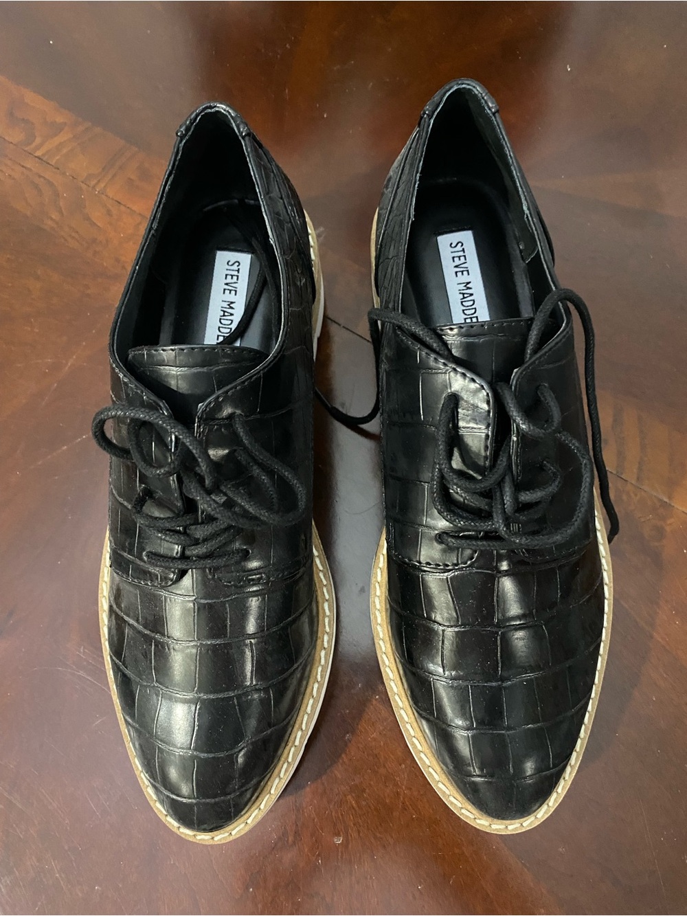 Steve Madden Black Croc-Embossed Lace-Up Platform Oxfords with White Sole - Picture 2 of 15